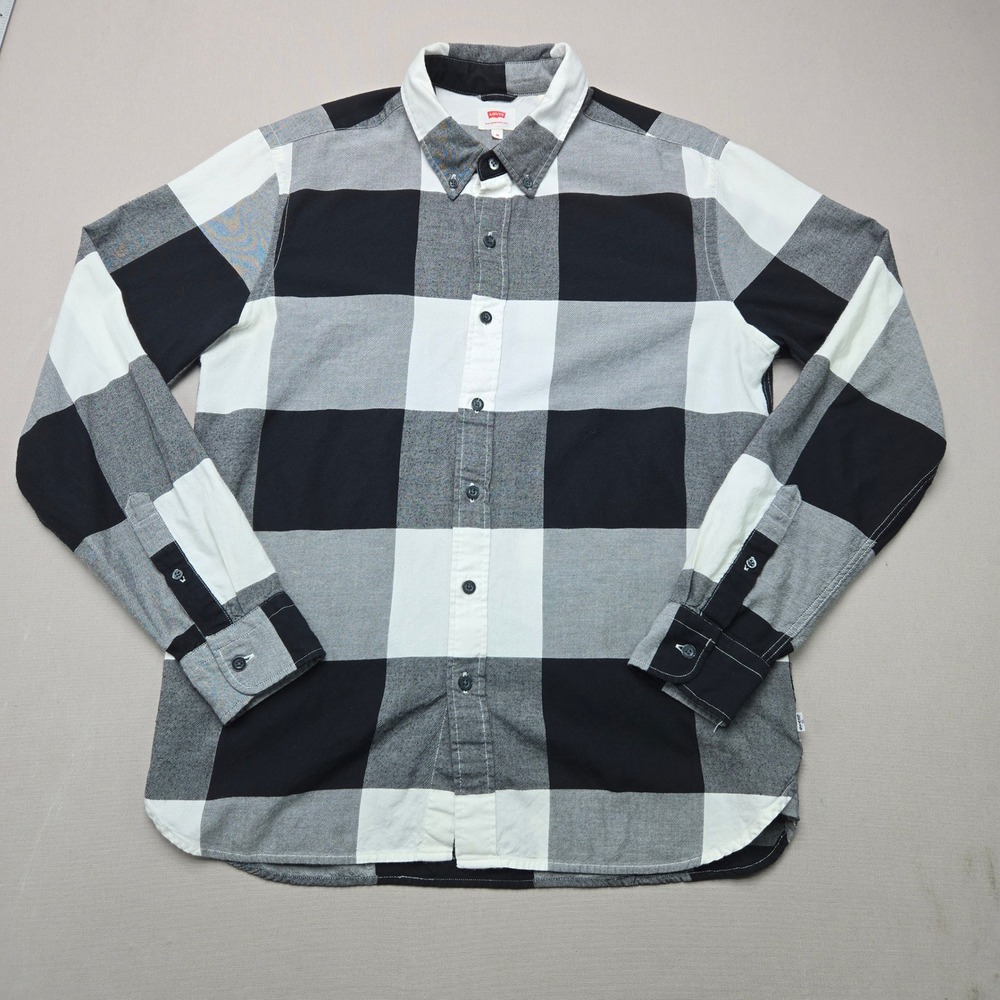 Levis Button Down Shirt Buffalo Plaid Check Black White Gray Mens Size M